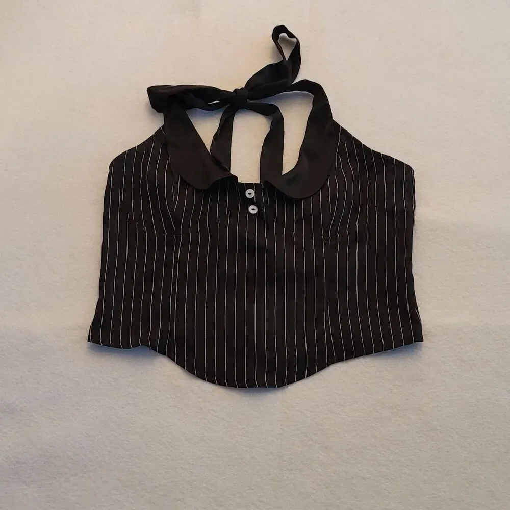 NWT TypaGal Pinstripe Halter Corset Top Peter Pan Collar Size Large Goth Chic - Picture 1 of 7